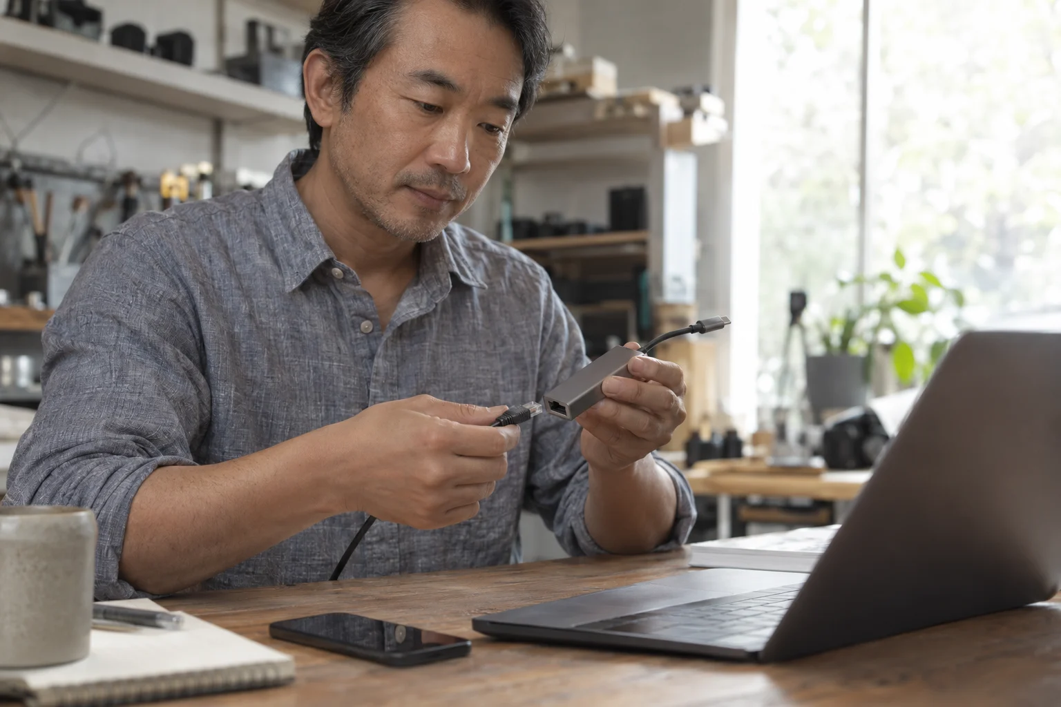 成年人在笔记本旁检查手机、USB-C网络转接器和网线