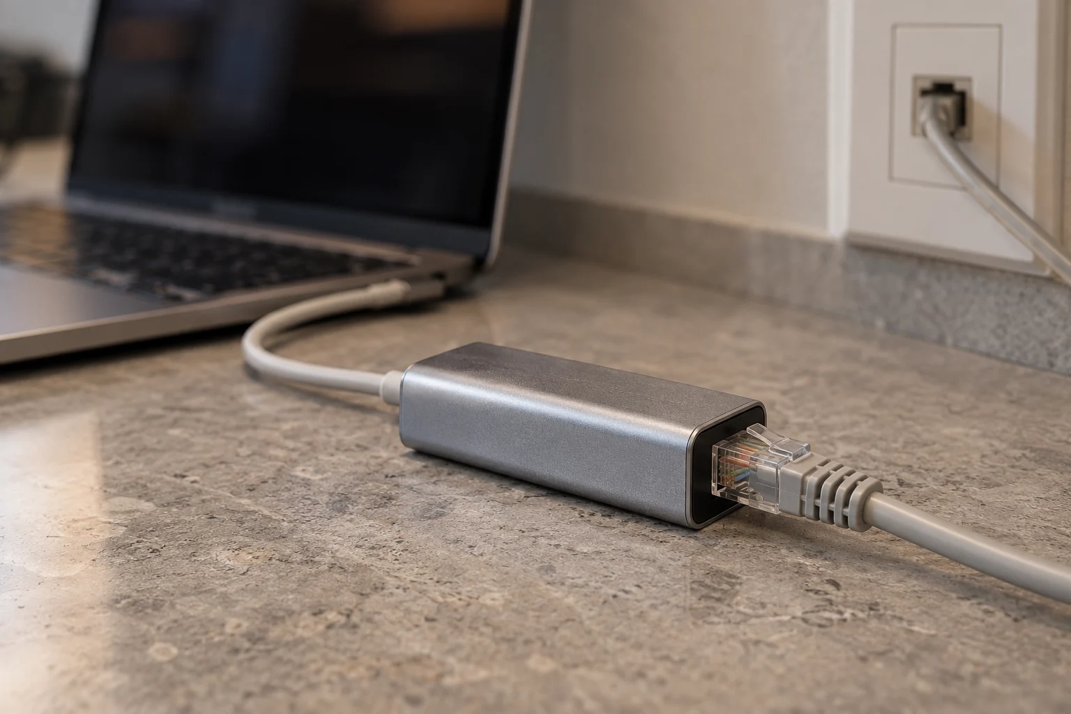 RJ45网线连接到金属USB-C网络转接器,后方有笔记本和墙面网口